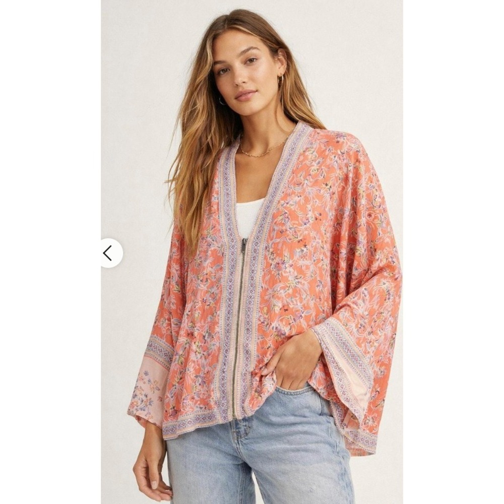 Free People Wildflower Zip Kimono Jacket Pink Floral Boho Relaxed Small